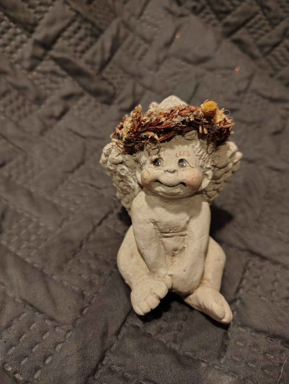 Hand-Painted/Signed White Cherub Figurine with Woven Accent Hat